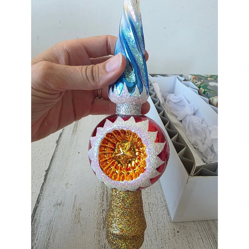 OWC old world indent icicle tree topper glass gold blue glitter Xmas tree